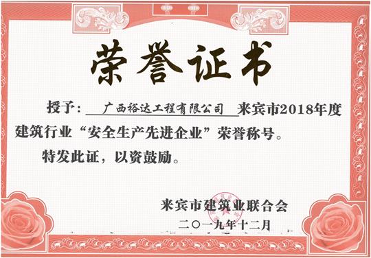 来宾市2018年度建筑行业“安全生产先进华体平台-华体(中国)”